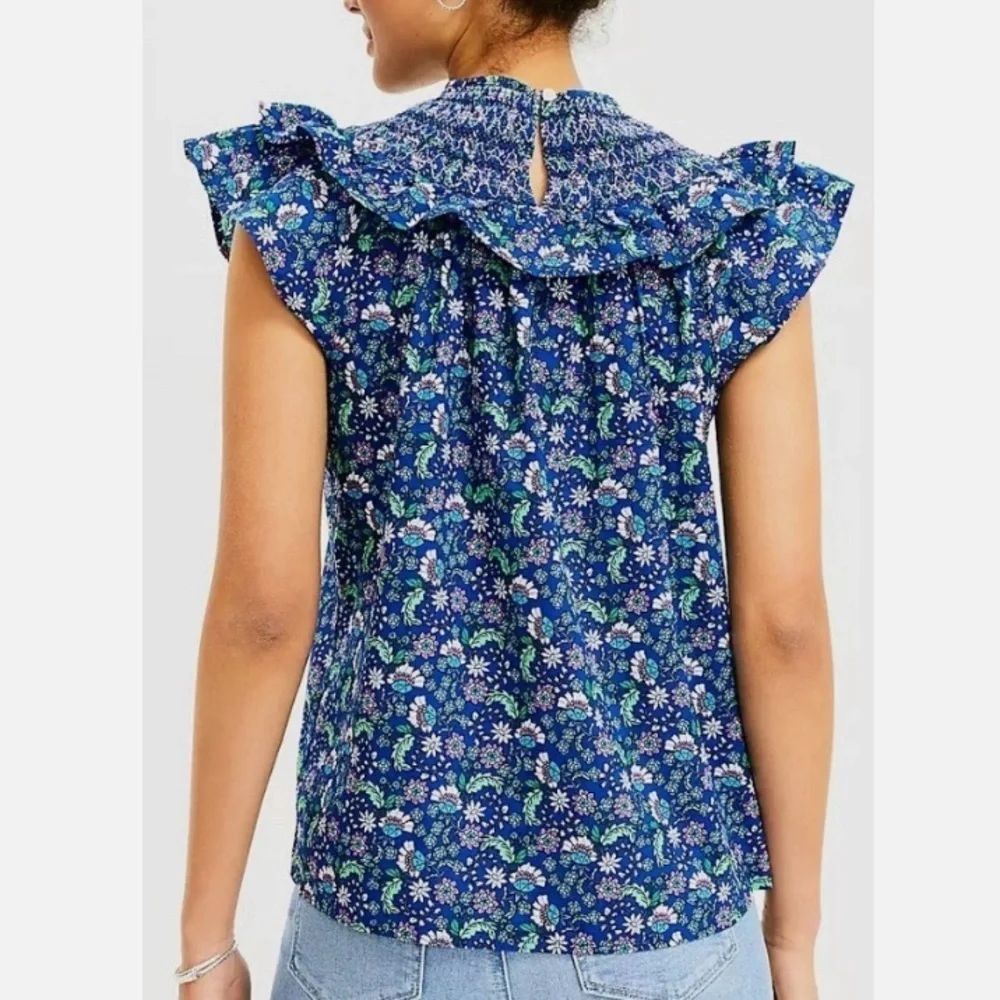 Loft Blue Floral Smocked Shirred Blouse - Picture 3 of 9